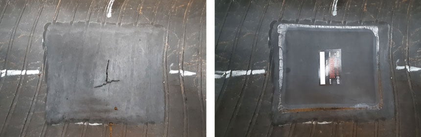 Kalte Reparatur durch Aufsetzen eines Flickens auf die Karkasse von innen